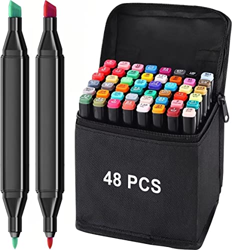 Double Tipped Art Marker Set for Artist Adults Coloring Sketching Drawing Alcohol-based Ink - Brush Chisel Dual Tips 48 Colors