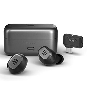 epos gtw 270 hybrid wireless gaming earbuds, bluetooth & usb-c dongle, noise reducing closed design, dual mics, ergonomic fit, ipx 5 water resistant, portable charging case, 20 hours of playtime