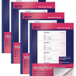 Cash Money and Rent Receipt Books, 4 Pack, Large Size, 2-Part Carbonless (White/Canary Yellow), 7-5/8 x 10-7/8 inches, by Better Office Products, 4 Sets per Page, 200 Sets per Book (800 Total Sets)