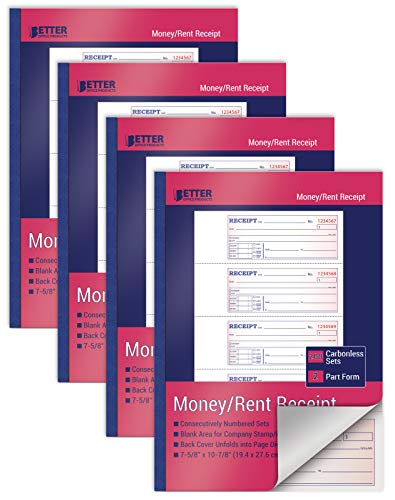 Cash Money and Rent Receipt Books, 4 Pack, Large Size, 2-Part Carbonless (White/Canary Yellow), 7-5/8 x 10-7/8 inches, by Better Office Products, 4 Sets per Page, 200 Sets per Book (800 Total Sets)