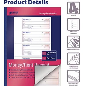 Cash Money and Rent Receipt Books, 4 Pack, Large Size, 2-Part Carbonless (White/Canary Yellow), 7-5/8 x 10-7/8 inches, by Better Office Products, 4 Sets per Page, 200 Sets per Book (800 Total Sets)