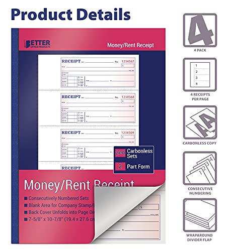 Cash Money and Rent Receipt Books, 4 Pack, Large Size, 2-Part Carbonless (White/Canary Yellow), 7-5/8 x 10-7/8 inches, by Better Office Products, 4 Sets per Page, 200 Sets per Book (800 Total Sets)