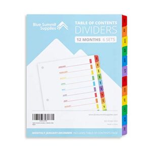 blue summit supplies 12 month dividers for binders, jan to dec monthly tabs, includes customizable table of contents index, 6 sets