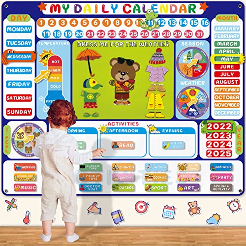 My Daily Calendar Felt Board for Kids Preschool Classroom Calendar 3.5Ft Circle Time Learning Center All About Today Activities Bear Dress Emotion Weather Season Days of the Week for Toddlers Learning