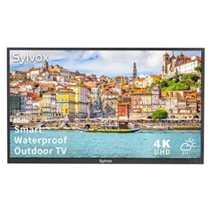 sylvox 55 inch outdoor tv, 4k uhd waterproof outdoor smart television, built-in dual speakers support bluetooth & 2.4g wifi, integrated atsc & ntsc tuner, 1000nits suitable for partial sun areas