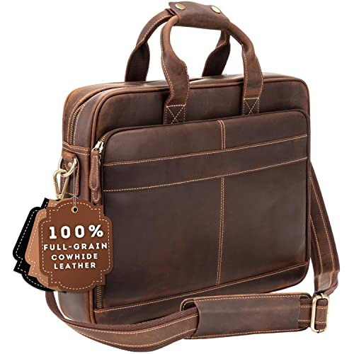 Luxorro Full Grain Leather Briefcases For Men, Handcrafted Leather Laptop Bag For Men, Our Leather Bags For Men Come In A Beautiful Gift Box, Perfect Christmas Gifts For Men, Brown, Fits 15.6" Laptop