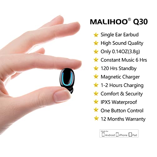 MALIHOO Mini Bluetooth Earbud Small Wireless Invisible Headphone，Single Earphone with 6 Hour Playtime for iPhone and Android Smart Phones PC TV Audiobook