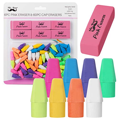 Mr. Pen- Pencil Erasers Set, 6pc Pink Erasers and 60pc Pencil Top Erasers, Pencil Eraser, Pencil Erasers Topper, Erasers for Pencils Top, Erasers for Kids, Pink Erasers, Cap Erasers, Eraser Tops