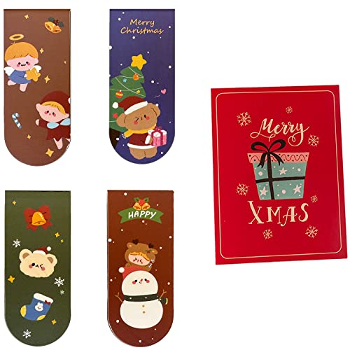 Phineon 4pcs Christmas Magnetic Bookmarks with Greeting Card Xmas Magnet Book Marker Cute Santa Snowman Bookmark Clip for Kids, Children, Students, Boys, Girls (Red)