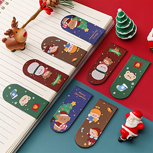 Phineon 4pcs Christmas Magnetic Bookmarks with Greeting Card Xmas Magnet Book Marker Cute Santa Snowman Bookmark Clip for Kids, Children, Students, Boys, Girls (Red)