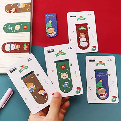 Phineon 4pcs Christmas Magnetic Bookmarks with Greeting Card Xmas Magnet Book Marker Cute Santa Snowman Bookmark Clip for Kids, Children, Students, Boys, Girls (Red)