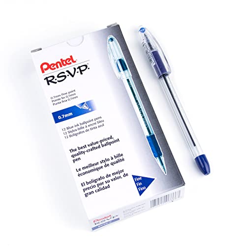 Pentel® R.S.V.P.® Ballpoint Pens, Fine Point, 0.7 mm, Clear Barrel, Blue Ink, Pack of12