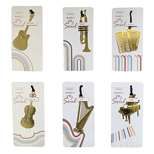 Phineon 6pcs Metal Bookmark Piano Harp Accordion Violin Trumpet Guitar Book Marks with Braided Tassel Pendant for for Kids Students Children Boys Girls