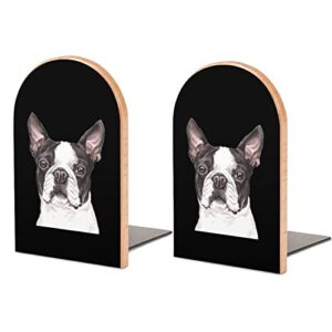 cute boston terrier dog simple nature wooden shelves bookends desktop book stand book ends books holder for library school home office study decoration（beech wood）