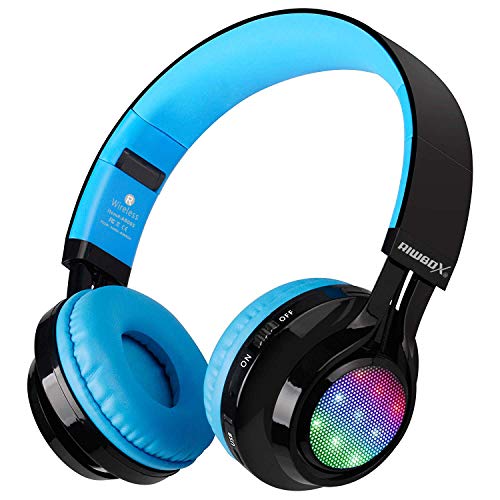 Riwbox Bluetooth Headset, AB005 Wireless Headphones 5.0 with Microphone Foldable Headphones with TF Card FM Radio and LED Light for Cellphones and All Bluetooth Enabled Devices (Black&Blue)