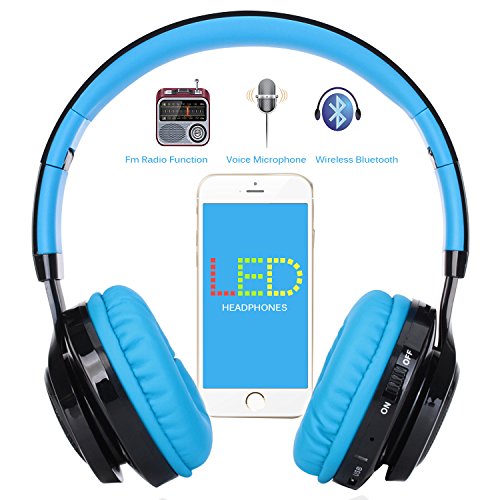 Riwbox Bluetooth Headset, AB005 Wireless Headphones 5.0 with Microphone Foldable Headphones with TF Card FM Radio and LED Light for Cellphones and All Bluetooth Enabled Devices (Black&Blue)