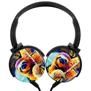 rainbow colourful sloth art boys girls wired headphones headsets customized foldable over ear for mens & womens black