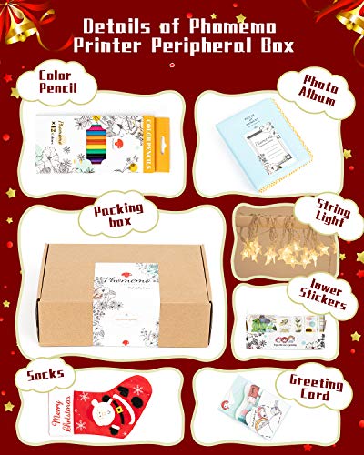 Phomemo Printer Peripheral Box, Gift Set 6 Products in Giftable Box-String Lights, Photo Albums, Stickers, Christmas Stockings, Greeting Cards, Color Pencils,Suitable for Diary, Travel, Family