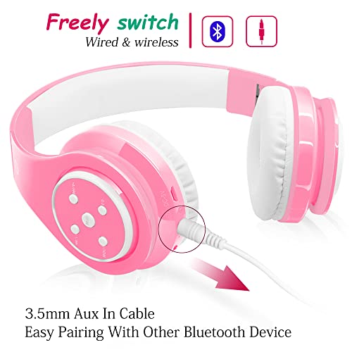 Kids Wireless Bluetooth headphones Volume Limited 85db Stereo Sound Over-Ear Foldable Lightweight Children headphones with Mic SD Card Slot up to 6-8 hours play time for Boys Girls Adults (Pink)