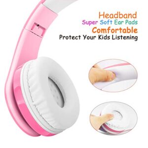 Kids Wireless Bluetooth headphones Volume Limited 85db Stereo Sound Over-Ear Foldable Lightweight Children headphones with Mic SD Card Slot up to 6-8 hours play time for Boys Girls Adults (Pink)