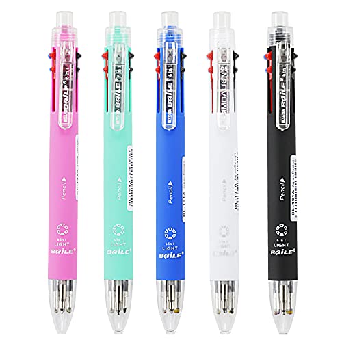 Baile 6 in 1 Multifunctional Ballpoint Pens 5 Colors 0.7 mm Ballpoint Pen and 0.5 mm Mechanical Pencil in One Pen, Pack of 5