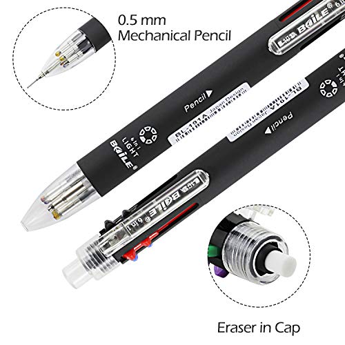 Baile 6 in 1 Multifunctional Ballpoint Pens 5 Colors 0.7 mm Ballpoint Pen and 0.5 mm Mechanical Pencil in One Pen, Pack of 5