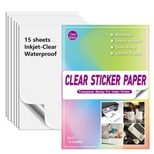 clear sticker paper for inkjet printer – 15 sheets ( 8.5″ x 11″) translucent waterproof printable vinyl sticker paper for diy personalized stickers holds ink beautifully & dries quickly