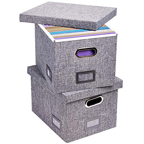 SUPERJARE File Box for Hanging Files, Set of 2, Storage Office Box with 60 lbs Weight Capacity, Filing Box with Durable MDF Board & Linen Fabric, File Storage Organizer for Letter/Legal - Grey