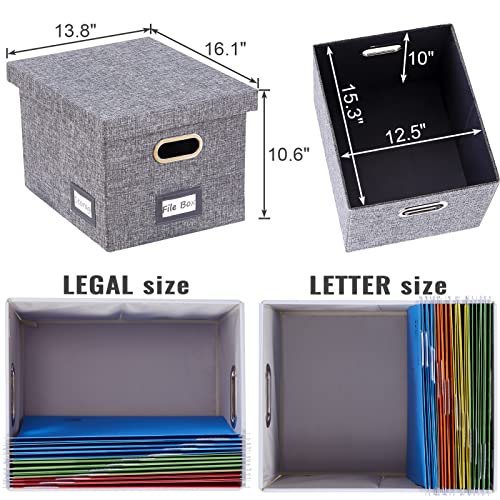SUPERJARE File Box for Hanging Files, Set of 2, Storage Office Box with 60 lbs Weight Capacity, Filing Box with Durable MDF Board & Linen Fabric, File Storage Organizer for Letter/Legal - Grey