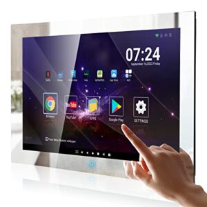 haocrown 27 inch touchscreen bathroom mirror tv ip66 waterproof smart television high brightness 500 & h2 chip android 11.0 system 2023 model full hd 1080p built-in 2.4g/5g wi-fi bluetooth atsc tuner
