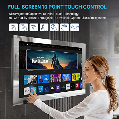 Haocrown 27 Inch Touchscreen Bathroom Mirror TV IP66 Waterproof Smart Television High Brightness 500 & H2 Chip Android 11.0 System 2023 Model Full HD 1080P Built-in 2.4G/5G Wi-Fi Bluetooth ATSC Tuner