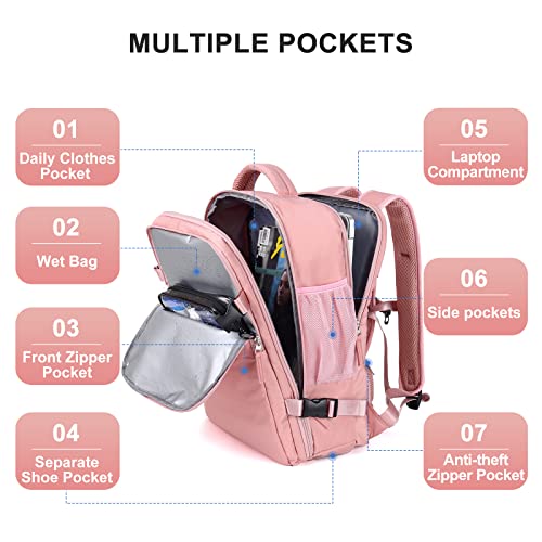 Large Travel Backpack Women, Carry On Backpack,Hiking Backpack Waterproof Outdoor Sports Rucksack Casual Daypack School Bag Fit 14 Inch Laptop with USB Charging Port Shoes Compartment