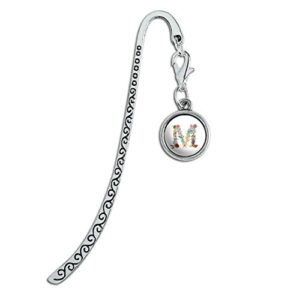 letter m floral monogram initial metal bookmark page marker with charm