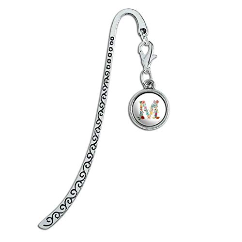 Letter M Floral Monogram Initial Metal Bookmark Page Marker with Charm