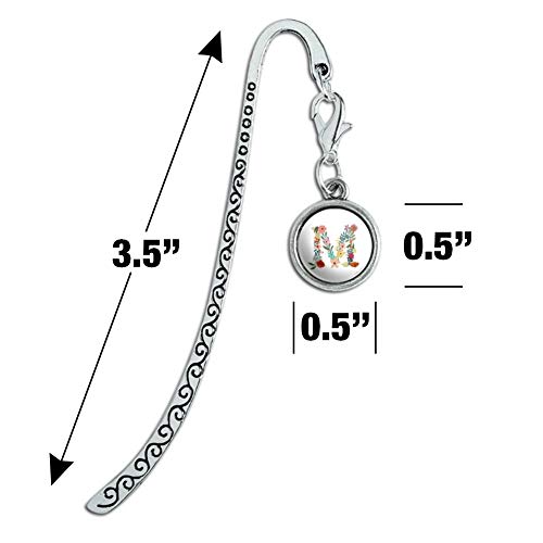 Letter M Floral Monogram Initial Metal Bookmark Page Marker with Charm