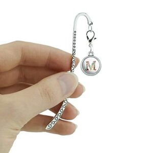 Letter M Floral Monogram Initial Metal Bookmark Page Marker with Charm