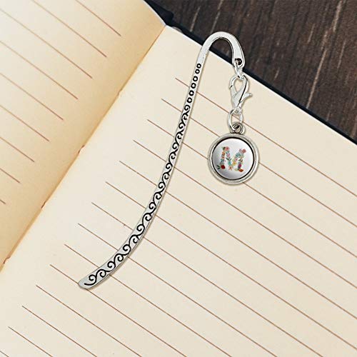 Letter M Floral Monogram Initial Metal Bookmark Page Marker with Charm