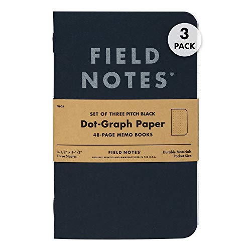 Field Notes 3-Pack Pitch Black Memo Books (3.5" X 5.5"), Dot-Graph, 48 Pages | Thin Pocket Sized EDC Notebook With 90 GSM Paper & Paperback Cover | Work Notebooks For Note Taking | Made in the USA