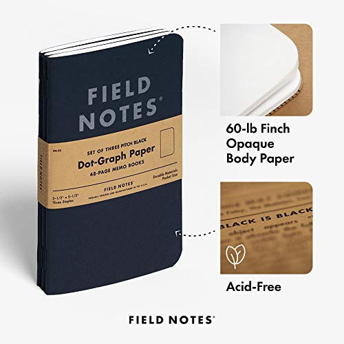 Field Notes 3-Pack Pitch Black Memo Books (3.5" X 5.5"), Dot-Graph, 48 Pages | Thin Pocket Sized EDC Notebook With 90 GSM Paper & Paperback Cover | Work Notebooks For Note Taking | Made in the USA