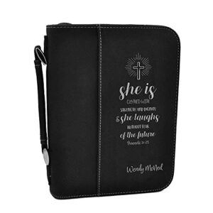 custom bible cover – proverbs 31:25 – black bible case with silver engraving