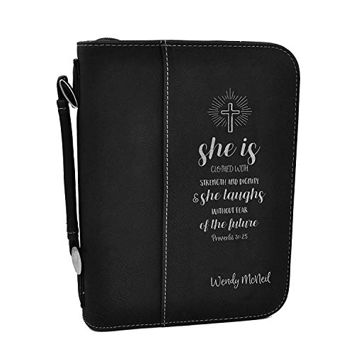 Custom Bible Cover - Proverbs 31:25 - Black Bible Case with Silver Engraving