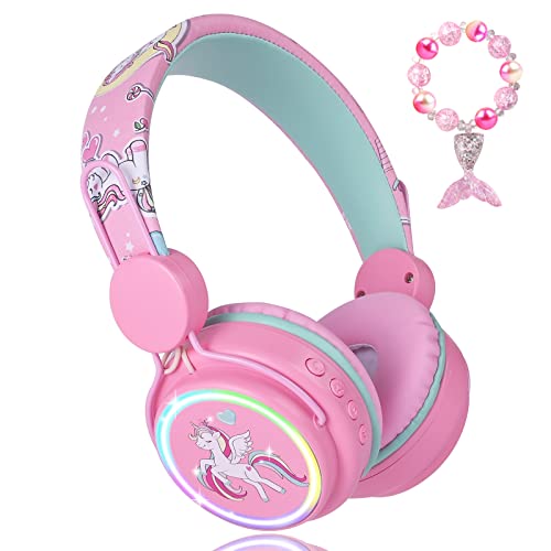 FLOKYU Kids Headphones Unicorn, Color Changing LED Light Wireless Bluetooth Headphones for Kids Girls Boys School, Anime Over-Ear Bluetooth Headphones with Microphone for Tablet/ipad/Travel (Pink)