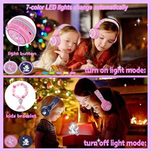 FLOKYU Kids Headphones Unicorn, Color Changing LED Light Wireless Bluetooth Headphones for Kids Girls Boys School, Anime Over-Ear Bluetooth Headphones with Microphone for Tablet/ipad/Travel (Pink)
