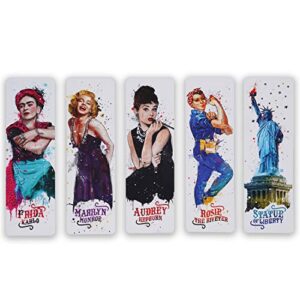 cultural icon bookmarks: legends through history series, 5-pack. frida kahlo, marilyn monroe, audrey hepburn, rosie the riveter, statue of liberty.