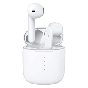 wireless earbud bluetooth 5.0 headphones with charging case, ipx8 waterproof, 3d stereo air buds in-ear ear buds built-in mic, open lid auto pairing for android/samsung/apple iphone – white