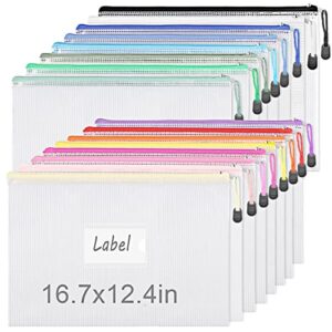 eoout 16pcs a3 zipper bags, mesh zipper pouch, document bag with labels, plastic zip file folders in 16 colors, letter size, zipper bags for organizing, for school, board games and office supplies