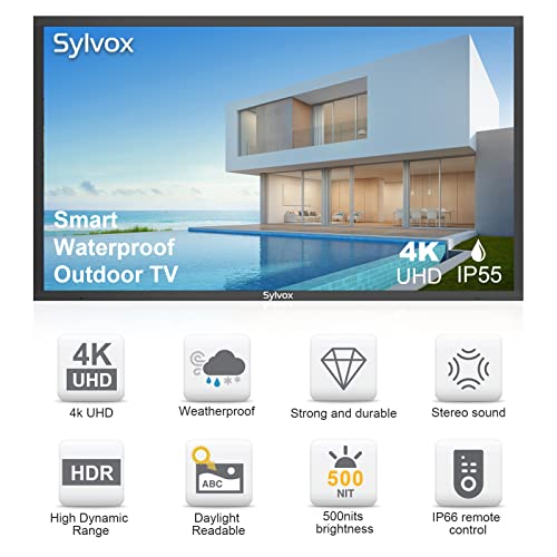 SYLVOX 43 Inch Outdoor TV, Waterproof 4K Smart TV, Supports Bluetooth Wi-Fi, Commercial Grade Equal Bezel LED TV, with Waterproof Wall Mount, Suitable for Partial Sun Areas
