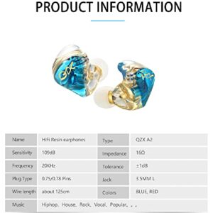 QZX A2 in ear Headphones NO Microphone HiFi Fans, IEM earbuds earphones for Sports, Stereo Lossless Sound Cancelling Dynamic Drivers Ear Buds for Games. 0.75/0.78mm Pins Gold Plated Connection Blue