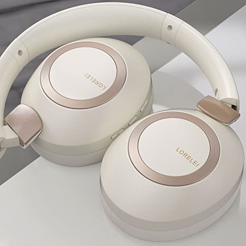 LORELEI B-C6 Wireless Over Ear Headphones, 50H Playtime Foldable Lightweight Bluetooth Headsets, Deep Bass, Built-in Microphone, Memory Foam Earmuff, for Travel, Home Office (Beige White)