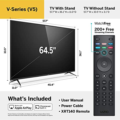 VIZIO 65-Inch V-Series 4K UHD LED HDR Smart TV with Apple AirPlay and Chromecast Built-in, Dolby Vision, HDR10+, HDMI 2.1, Auto Game Mode and Low Latency Gaming (V655-H19) (Renewed)